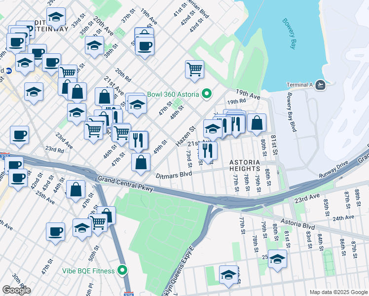 map of restaurants, bars, coffee shops, grocery stores, and more near 49-18 21st Avenue in Queens