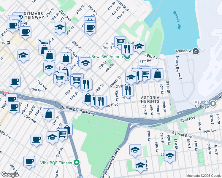 map of restaurants, bars, coffee shops, grocery stores, and more near 49-18 21st Avenue in Queens