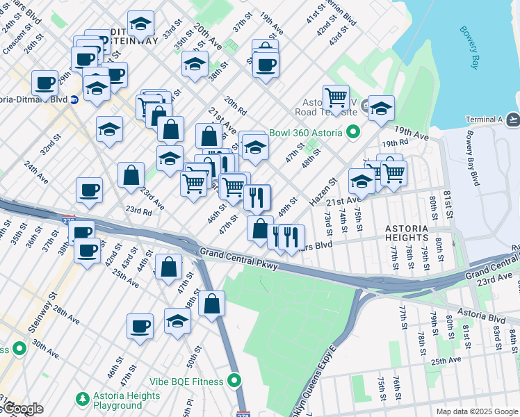 map of restaurants, bars, coffee shops, grocery stores, and more near 21-58 48th Street in Queens