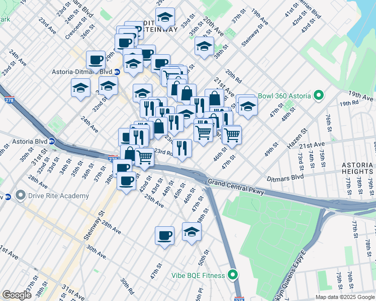 map of restaurants, bars, coffee shops, grocery stores, and more near 42-05 23rd Avenue in Queens