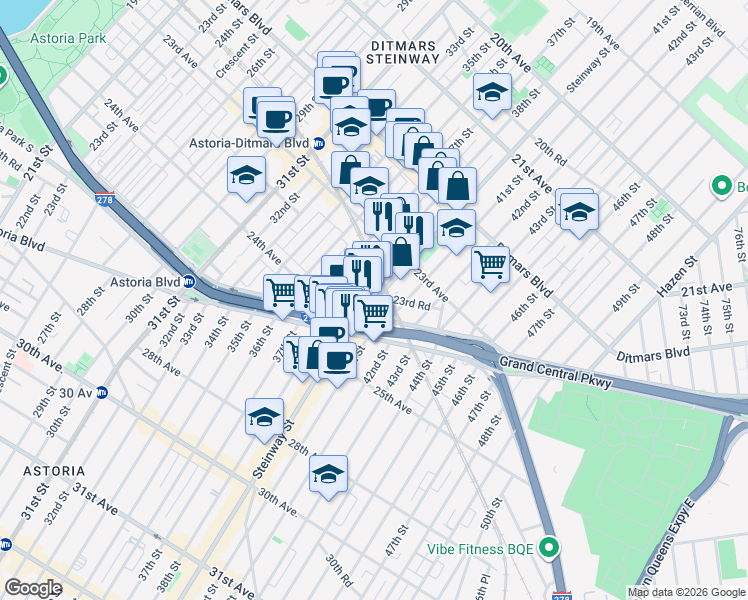 map of restaurants, bars, coffee shops, grocery stores, and more near 23-53 Steinway Street in Queens
