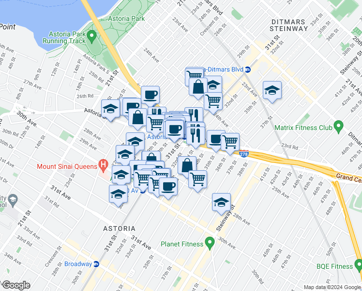 map of restaurants, bars, coffee shops, grocery stores, and more near in Queens