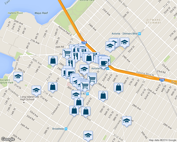 map of restaurants, bars, coffee shops, grocery stores, and more near 26-33 28th Street in Queens