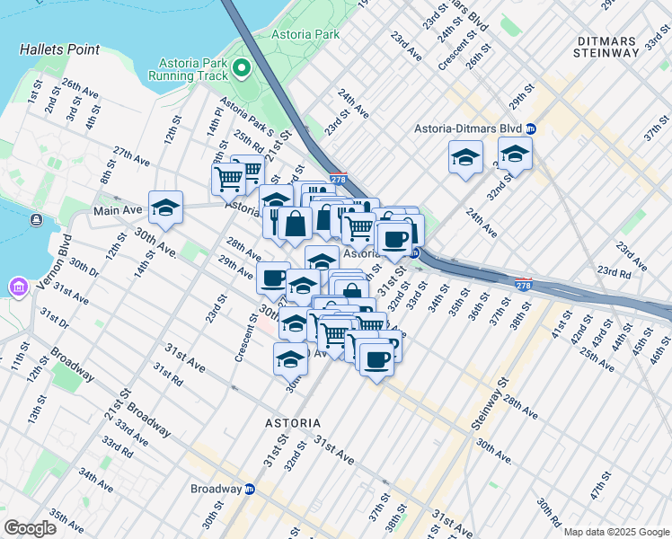 map of restaurants, bars, coffee shops, grocery stores, and more near 26-33 28th Street in Queens