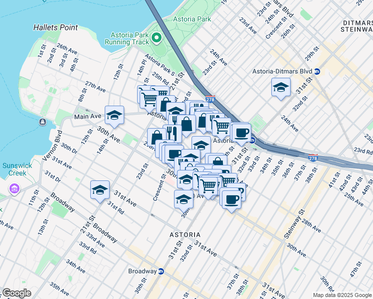 map of restaurants, bars, coffee shops, grocery stores, and more near 2525 Newtown Avenue in Queens