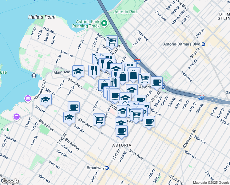 map of restaurants, bars, coffee shops, grocery stores, and more near 28-14 Crescent Street in Queens