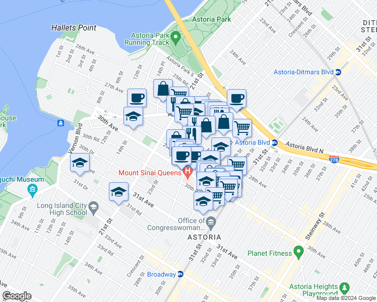map of restaurants, bars, coffee shops, grocery stores, and more near 28-02 Crescent Street in Queens