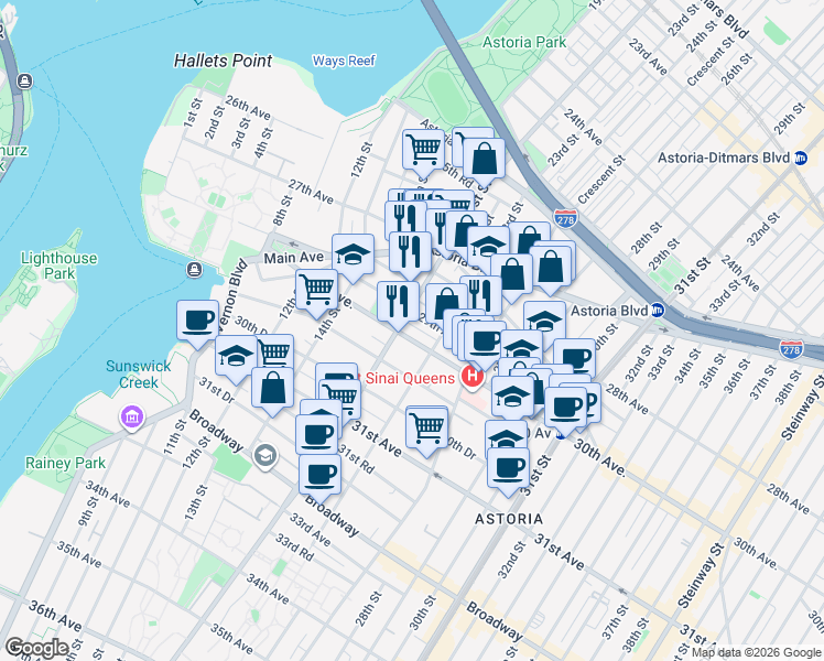 map of restaurants, bars, coffee shops, grocery stores, and more near 14-56 30th Avenue in Queens