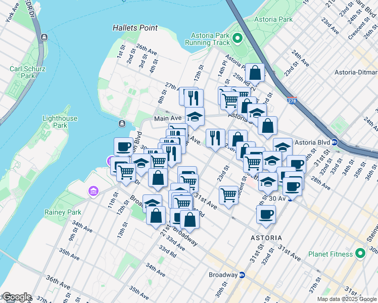 map of restaurants, bars, coffee shops, grocery stores, and more near 30-35 14th Street in Queens