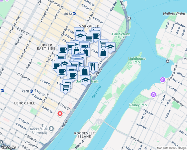 map of restaurants, bars, coffee shops, grocery stores, and more near 555 FDR Drive in New York