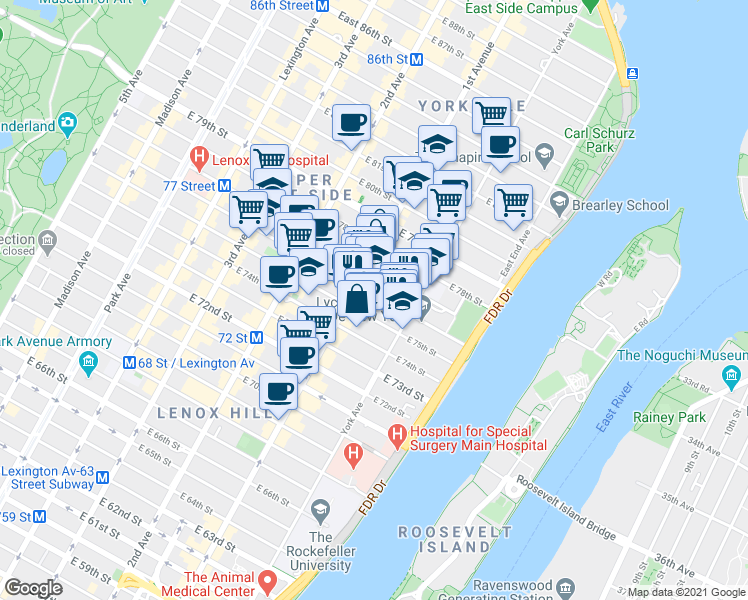 map of restaurants, bars, coffee shops, grocery stores, and more near 419 East 76th Street in New York