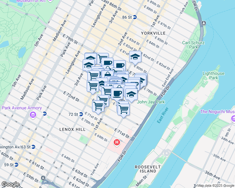 map of restaurants, bars, coffee shops, grocery stores, and more near 1445 1st Avenue in New York