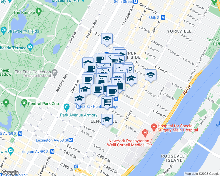 map of restaurants, bars, coffee shops, grocery stores, and more near 220 East 73rd Street in New York