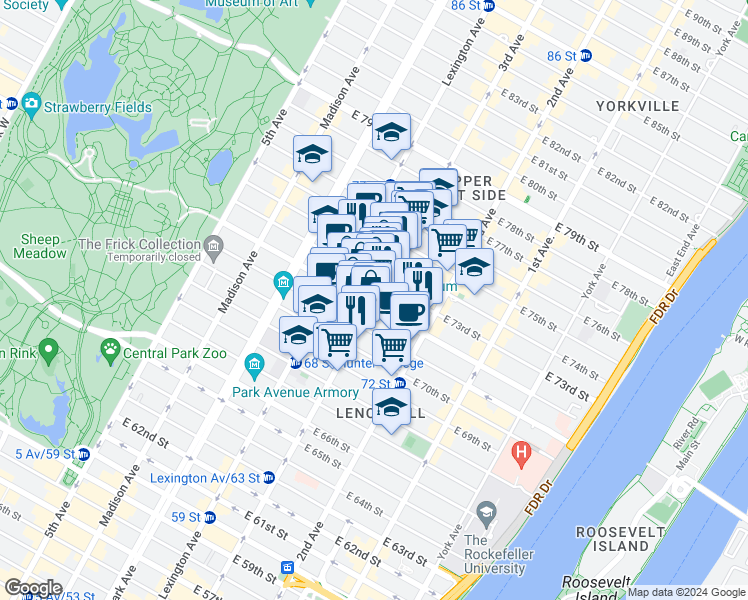 map of restaurants, bars, coffee shops, grocery stores, and more near 1230 3rd Avenue in New York