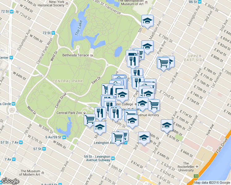 map of restaurants, bars, coffee shops, grocery stores, and more near 6 East 69th Street in New York