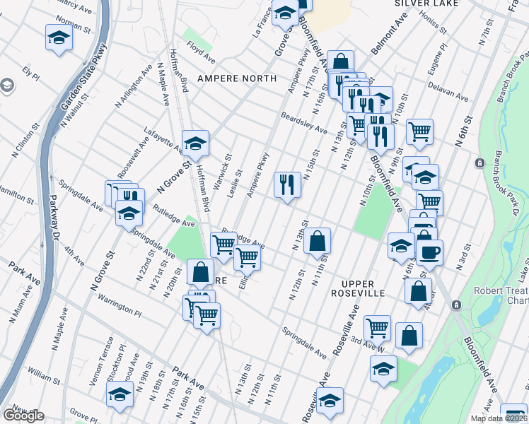map of restaurants, bars, coffee shops, grocery stores, and more near 94 Newfield Street in East Orange