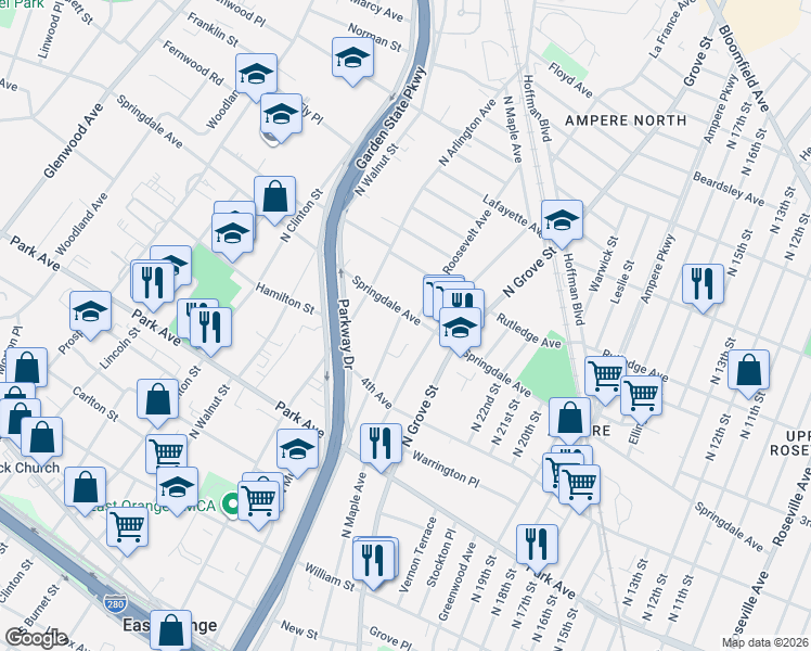 map of restaurants, bars, coffee shops, grocery stores, and more near 267 Springdale Avenue in East Orange