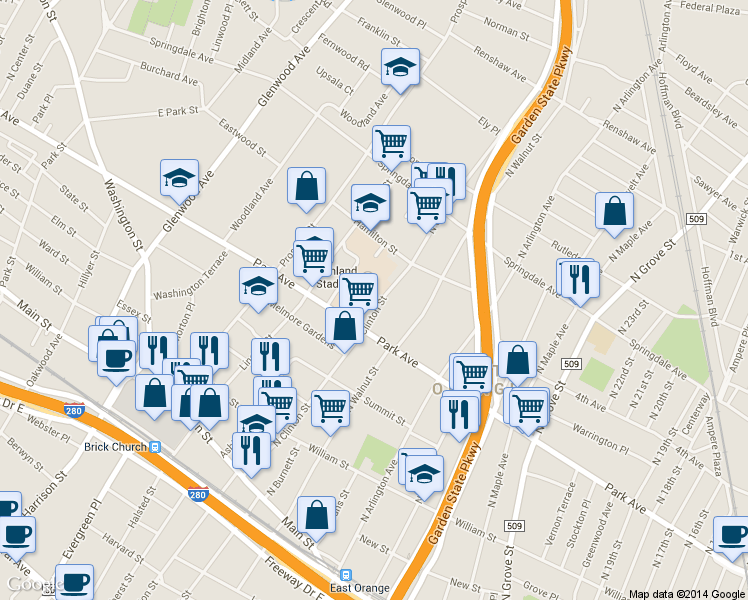 map of restaurants, bars, coffee shops, grocery stores, and more near 205 North Clinton Street in East Orange