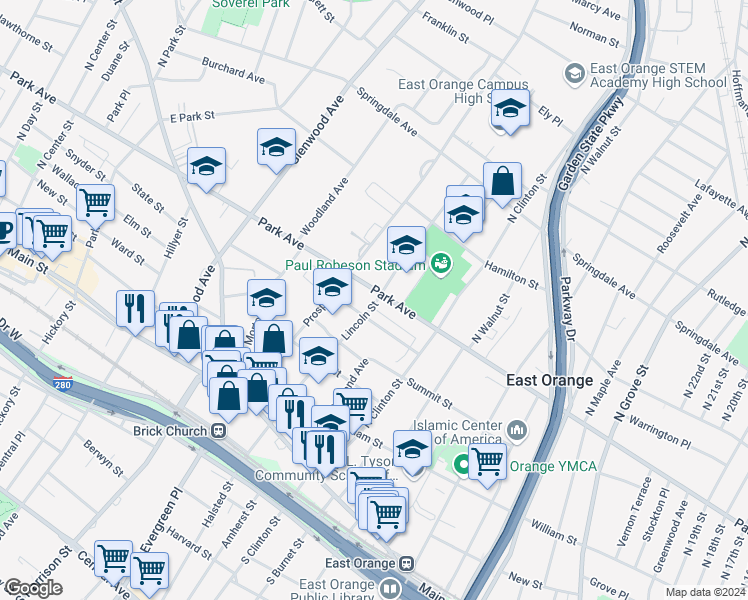 map of restaurants, bars, coffee shops, grocery stores, and more near 491 Park Avenue in East Orange