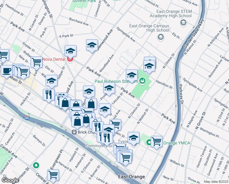 map of restaurants, bars, coffee shops, grocery stores, and more near 124 Prospect Street in East Orange