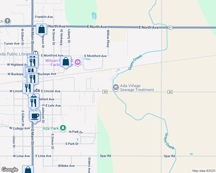 map of restaurants, bars, coffee shops, grocery stores, and more near 3591 County Road 44 in Ada
