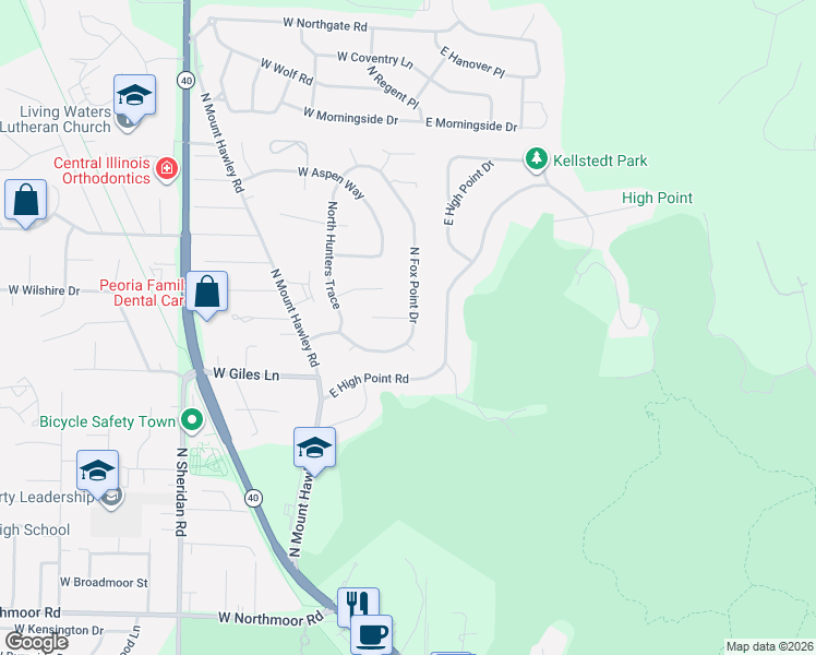 map of restaurants, bars, coffee shops, grocery stores, and more near 6891-6899 North Fox Point Drive in Peoria