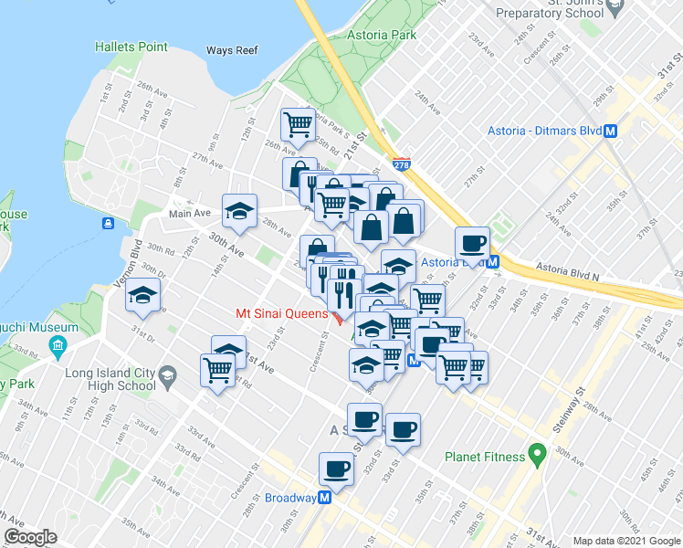 map of restaurants, bars, coffee shops, grocery stores, and more near 23-26 28th Avenue in Queens