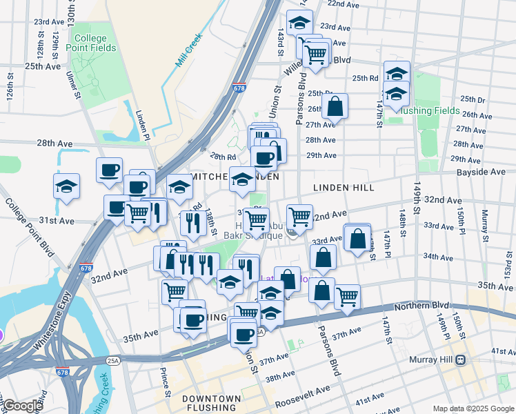map of restaurants, bars, coffee shops, grocery stores, and more near in Queens