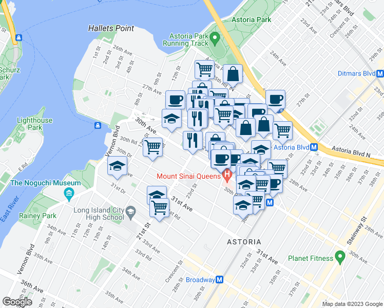 map of restaurants, bars, coffee shops, grocery stores, and more near 21st St & 30th Ave in Queens