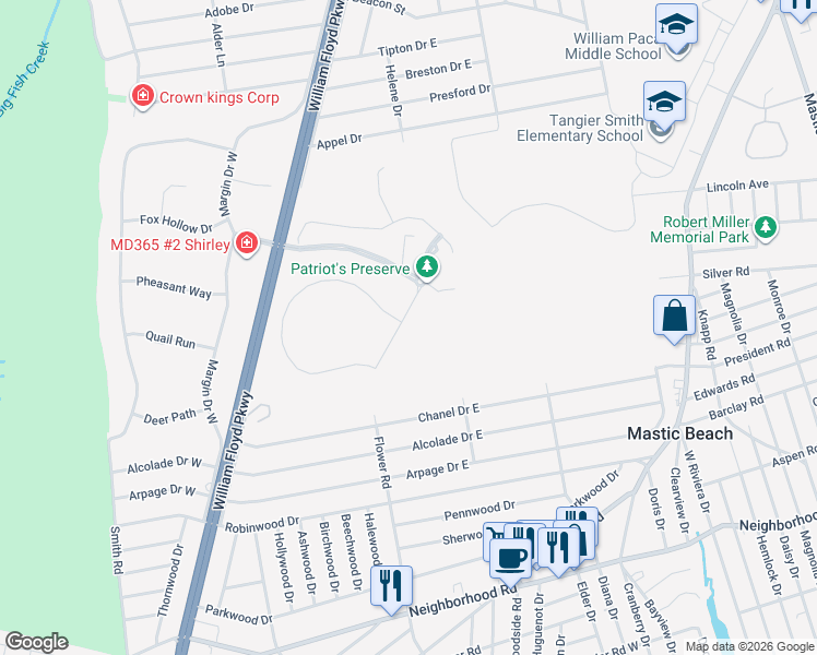 map of restaurants, bars, coffee shops, grocery stores, and more near 193 Flower Road in Shirley