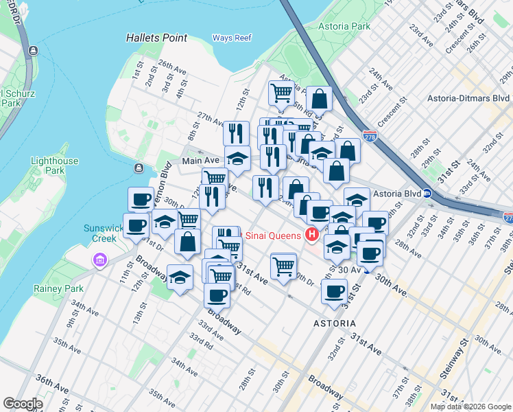 map of restaurants, bars, coffee shops, grocery stores, and more near 14-34 30th Avenue in Queens
