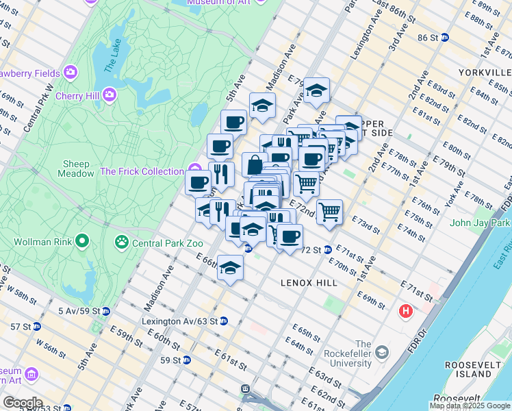 map of restaurants, bars, coffee shops, grocery stores, and more near 120 East 71st Street in New York