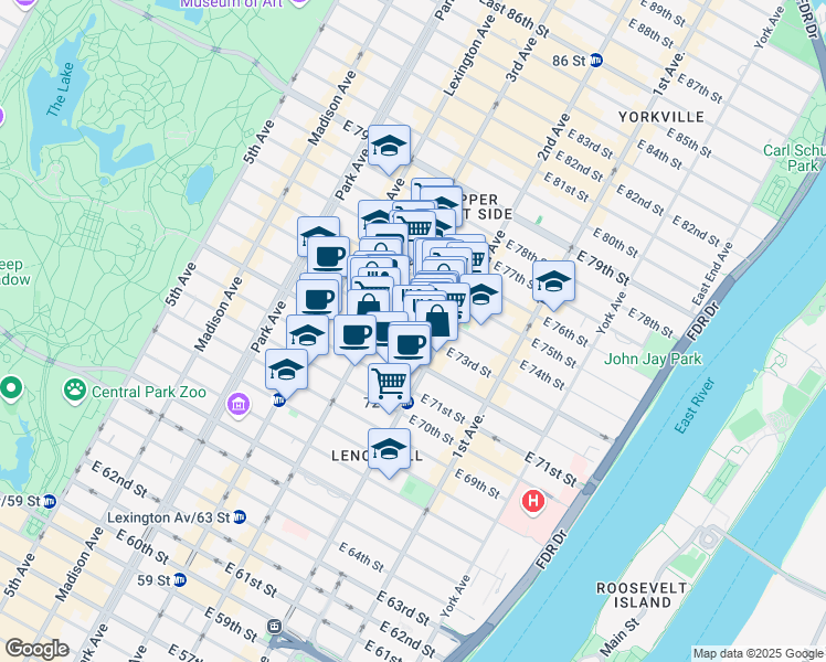 map of restaurants, bars, coffee shops, grocery stores, and more near East 73rd Street in New York