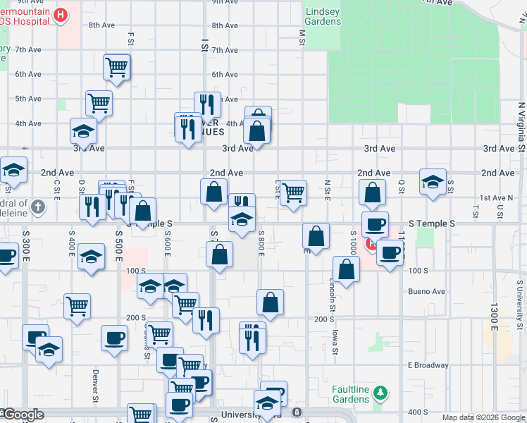 map of restaurants, bars, coffee shops, grocery stores, and more near 777 East South Temple Street in Salt Lake City