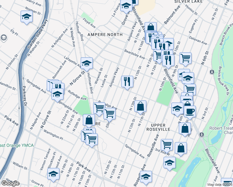 map of restaurants, bars, coffee shops, grocery stores, and more near 94 Newfield Street in East Orange
