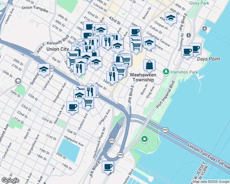 map of restaurants, bars, coffee shops, grocery stores, and more near 3343 Park Avenue in Union City