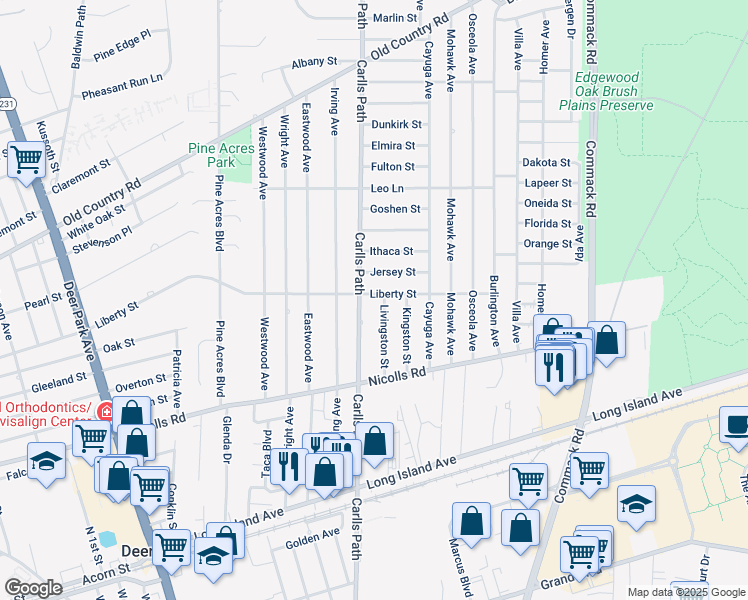map of restaurants, bars, coffee shops, grocery stores, and more near 248 Liberty Street in Deer Park
