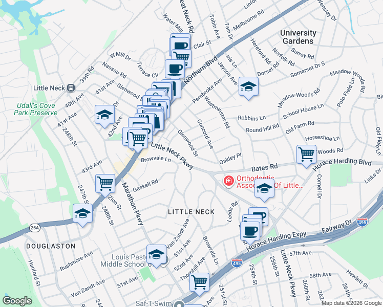map of restaurants, bars, coffee shops, grocery stores, and more near 4805 Glenwood Street in Queens