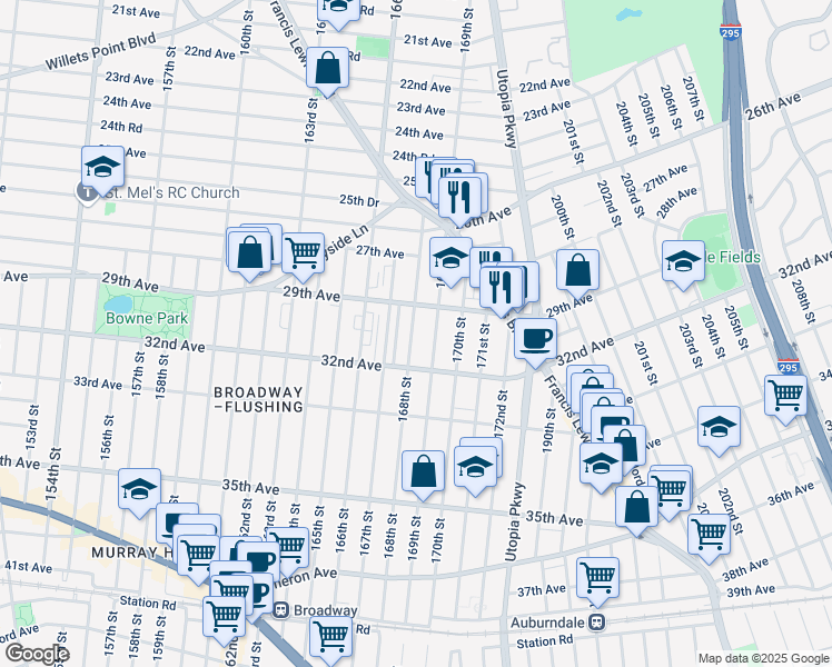 map of restaurants, bars, coffee shops, grocery stores, and more near 27 168th Street in Queens