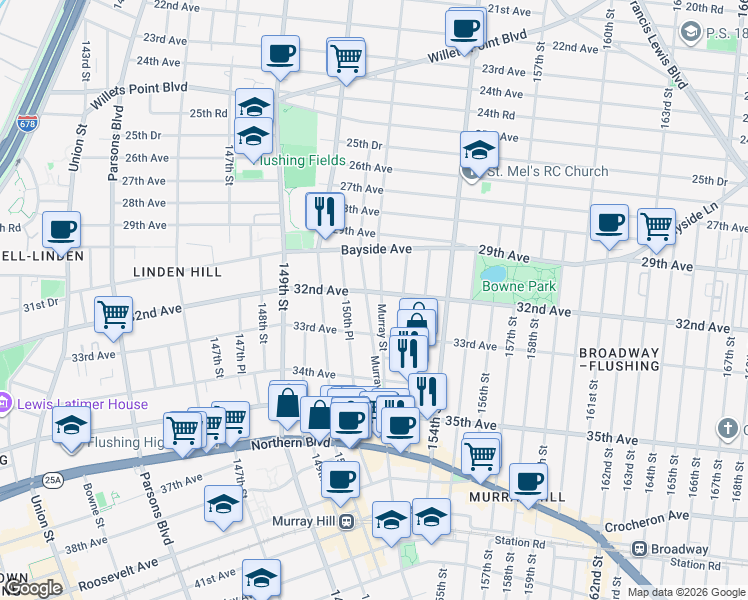map of restaurants, bars, coffee shops, grocery stores, and more near 150-64 32nd Avenue in Queens
