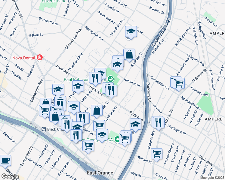 map of restaurants, bars, coffee shops, grocery stores, and more near 205 North Clinton Street in East Orange