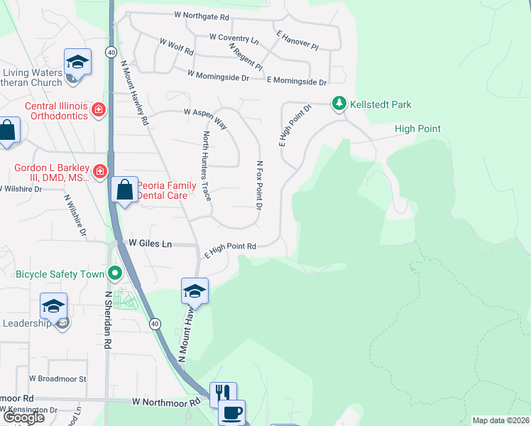 map of restaurants, bars, coffee shops, grocery stores, and more near 6891-6899 North Fox Point Drive in Peoria