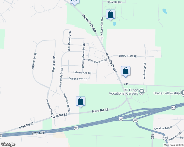 map of restaurants, bars, coffee shops, grocery stores, and more near 2595 Urbana Avenue Southeast in Massillon
