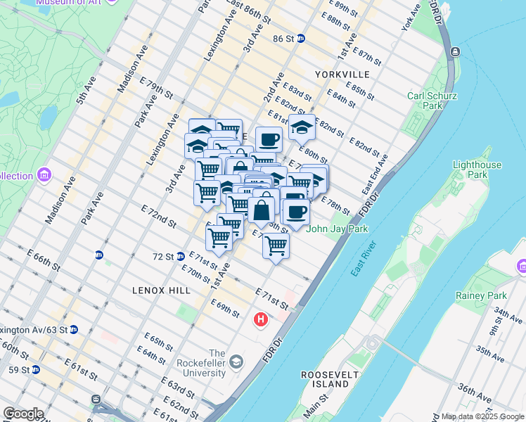 map of restaurants, bars, coffee shops, grocery stores, and more near 1450 1st Avenue in New York