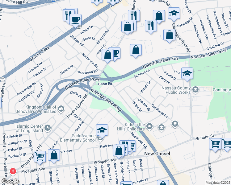 map of restaurants, bars, coffee shops, grocery stores, and more near 16 Cedar Road in Westbury