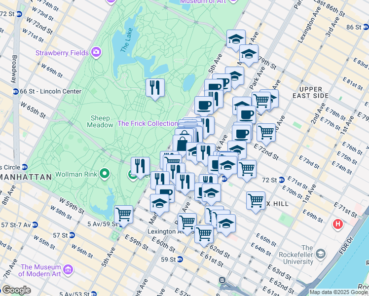 map of restaurants, bars, coffee shops, grocery stores, and more near 14 East 69th Street in New York