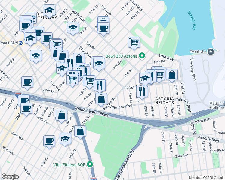 map of restaurants, bars, coffee shops, grocery stores, and more near 21-32 49th Street in Queens