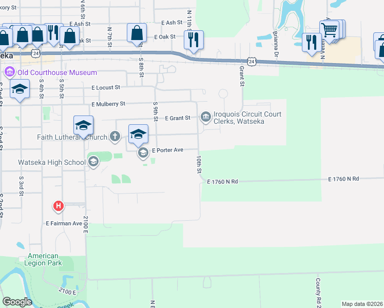 map of restaurants, bars, coffee shops, grocery stores, and more near 697 East Porter Avenue in Watseka