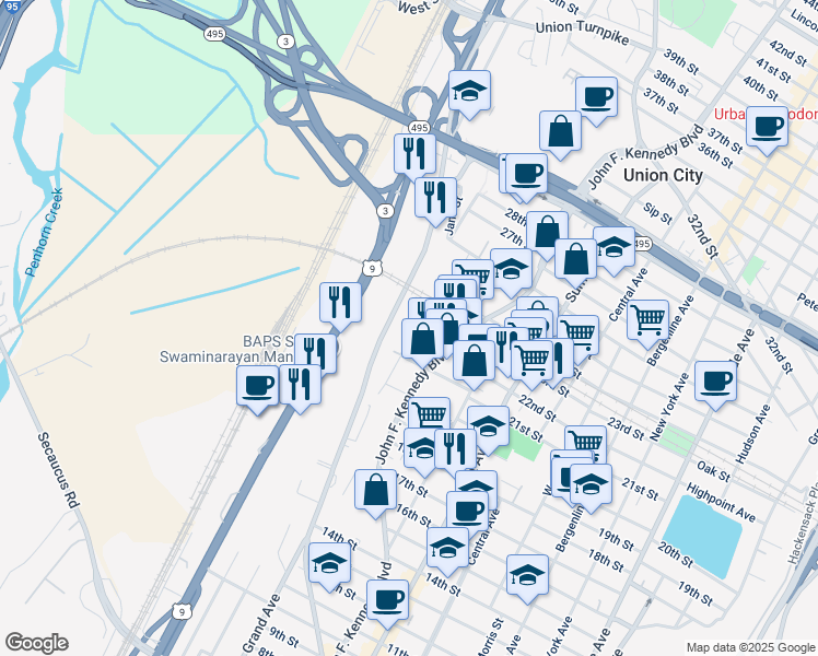 map of restaurants, bars, coffee shops, grocery stores, and more near 2201 Grand Avenue in North Bergen