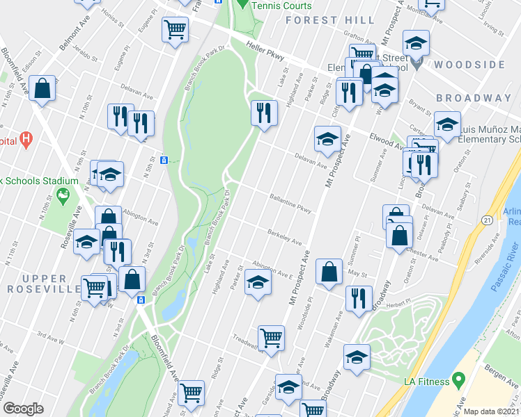 map of restaurants, bars, coffee shops, grocery stores, and more near 484 Parker Street in Newark